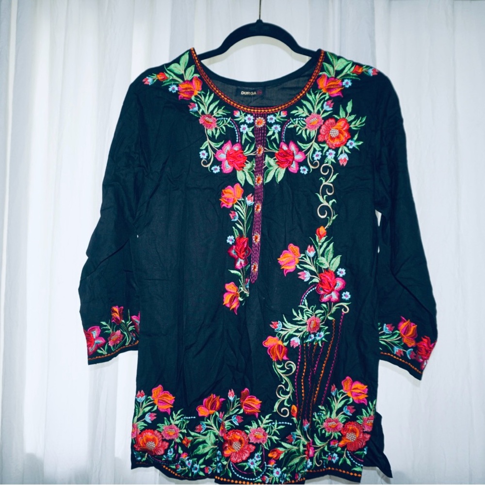 Mexican Embroidered Black Floral Women's Top